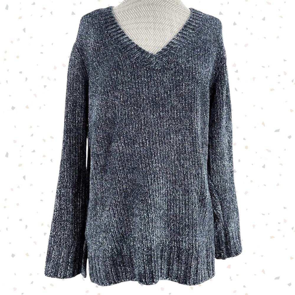 Orvis Chenille Sweater Steel Gray Blue Relaxed Soft Cozy V-Neck Shiny Size M